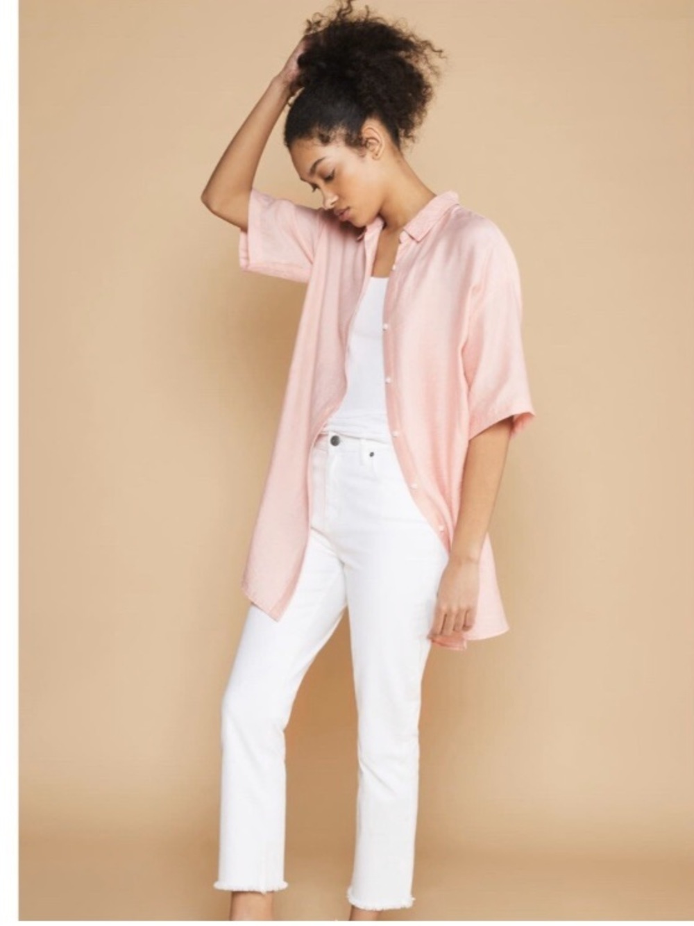 NWT Lou & Grey Medium Button Front Tunic Blouse Short Sleeve Pink Dress Cover